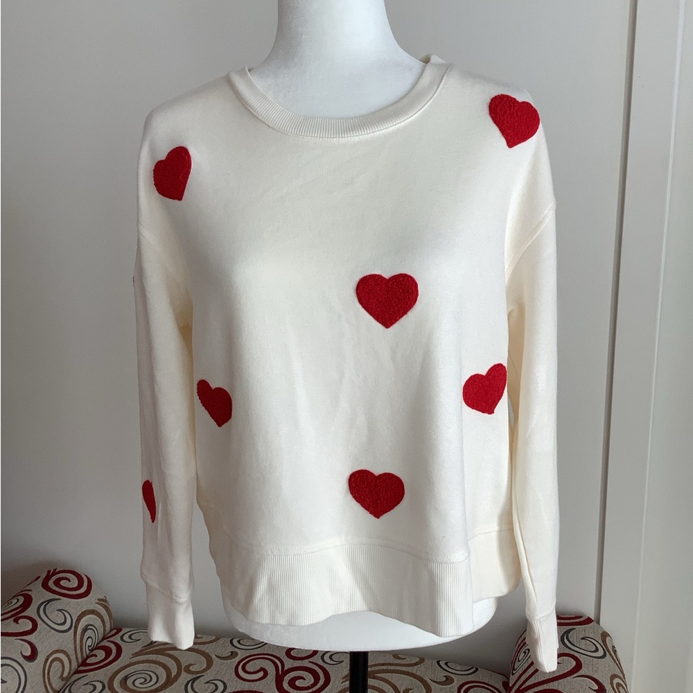 Jane and Delancey  White Sweater  with Red Heart Appliqués, Brand New ❤️